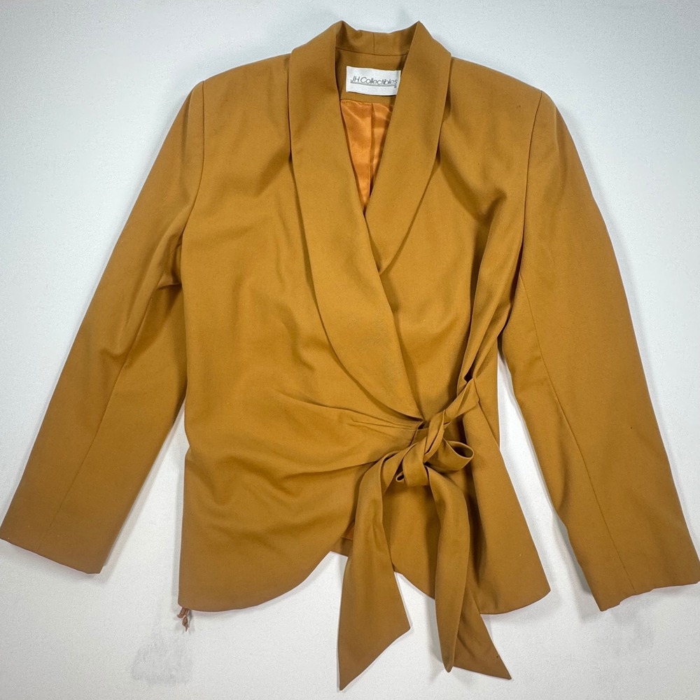 Vintage JH Collectibles 100% Wool Wrap Blazer Mustard Tan Side Tie Jacket Size 8